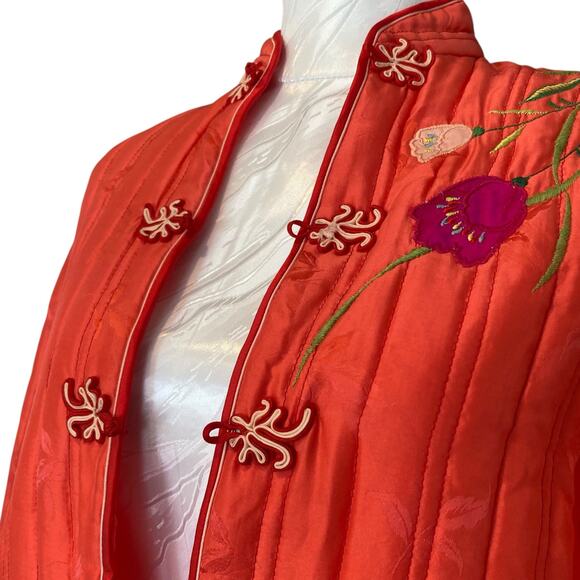 Retro Salmon Pink Embroidered Floral Satin Silk Kimono Puffy Jacket Size Small - Picture 9 of 16